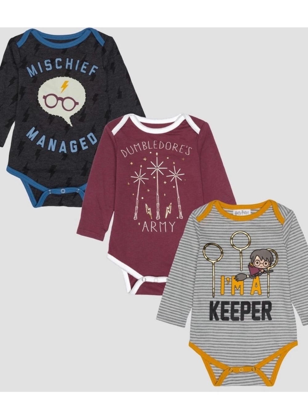 Harry Potter Warner Bros One-Piece Bodysuit Set:Grey, Maroon & Dark Charcoal